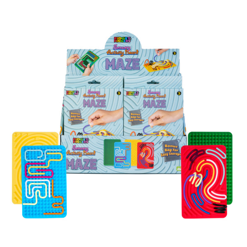 Retail display of Maze boards with 2 different coloured boards displayed on each side.
