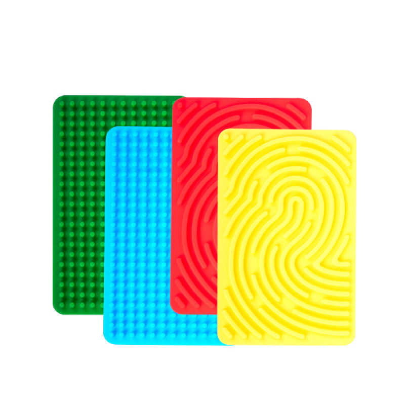 Four coloured maze sensory activity boards in green, blue, red, and yellow.