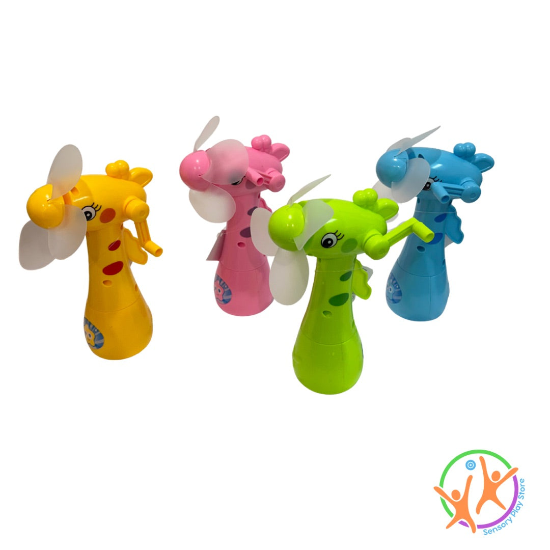 Four colourful mist spray fans shaped like giraffes