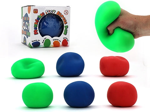 Large Mouldable Clay Stress Ball in box with green, red and blue balls sitting loose.