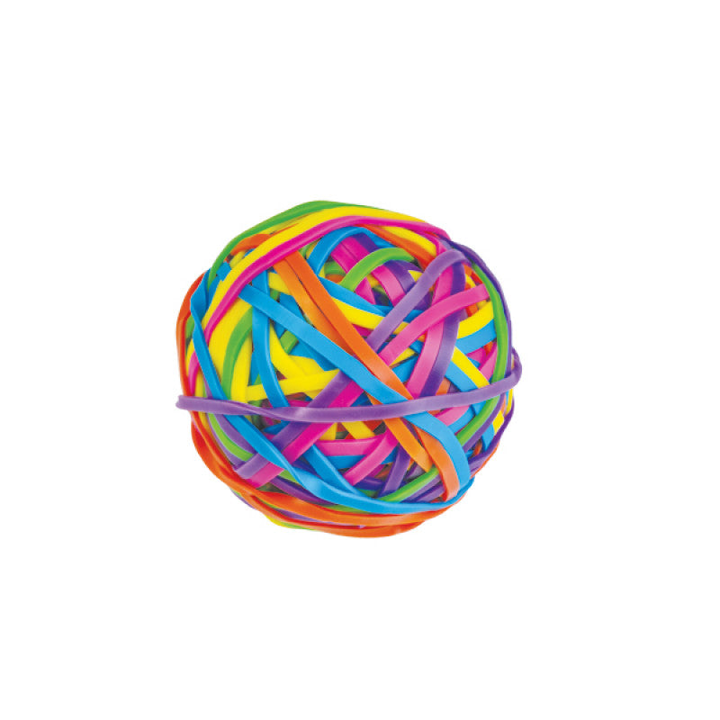 A round, multicoloured rubber band ball, featuring a vibrant, tangled mix of pink, orange, yellow, green, blue, and purple rubber bands.