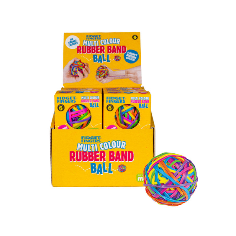 Multi-Colour Rubber Band Ball in a bright yellow display box, featuring a vibrant rainbow sphere of interconnected rubber bands for fidgeting, desk organisation, and bouncy fun.