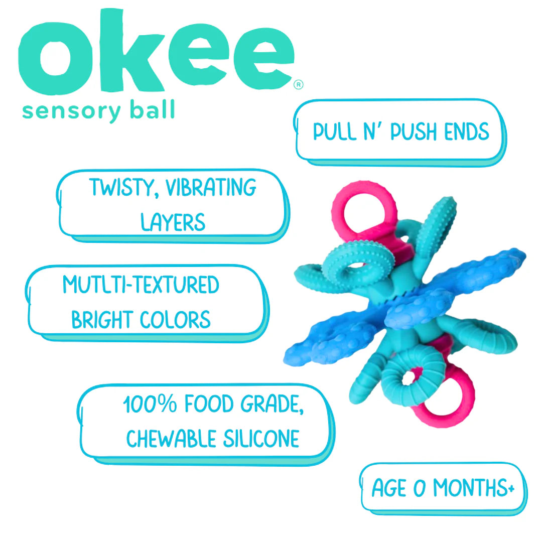 okee® sensory ball toy  with features listed on a white background