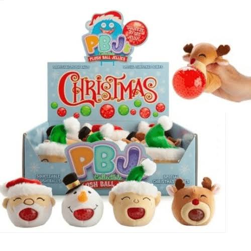 Collection of Christmas-themed plush ball jellies with packaging and a hand holding one toy.