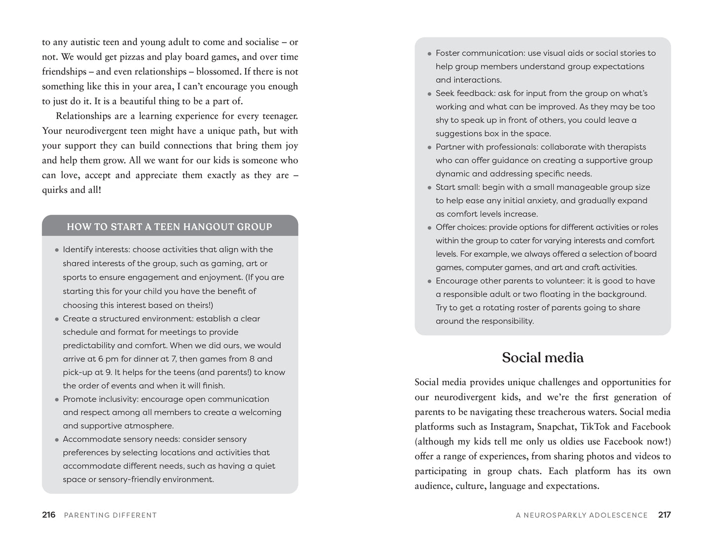 Page from a book or manual on parenting a neurodiverse adolescent, discussing how to start a teen hangout group.