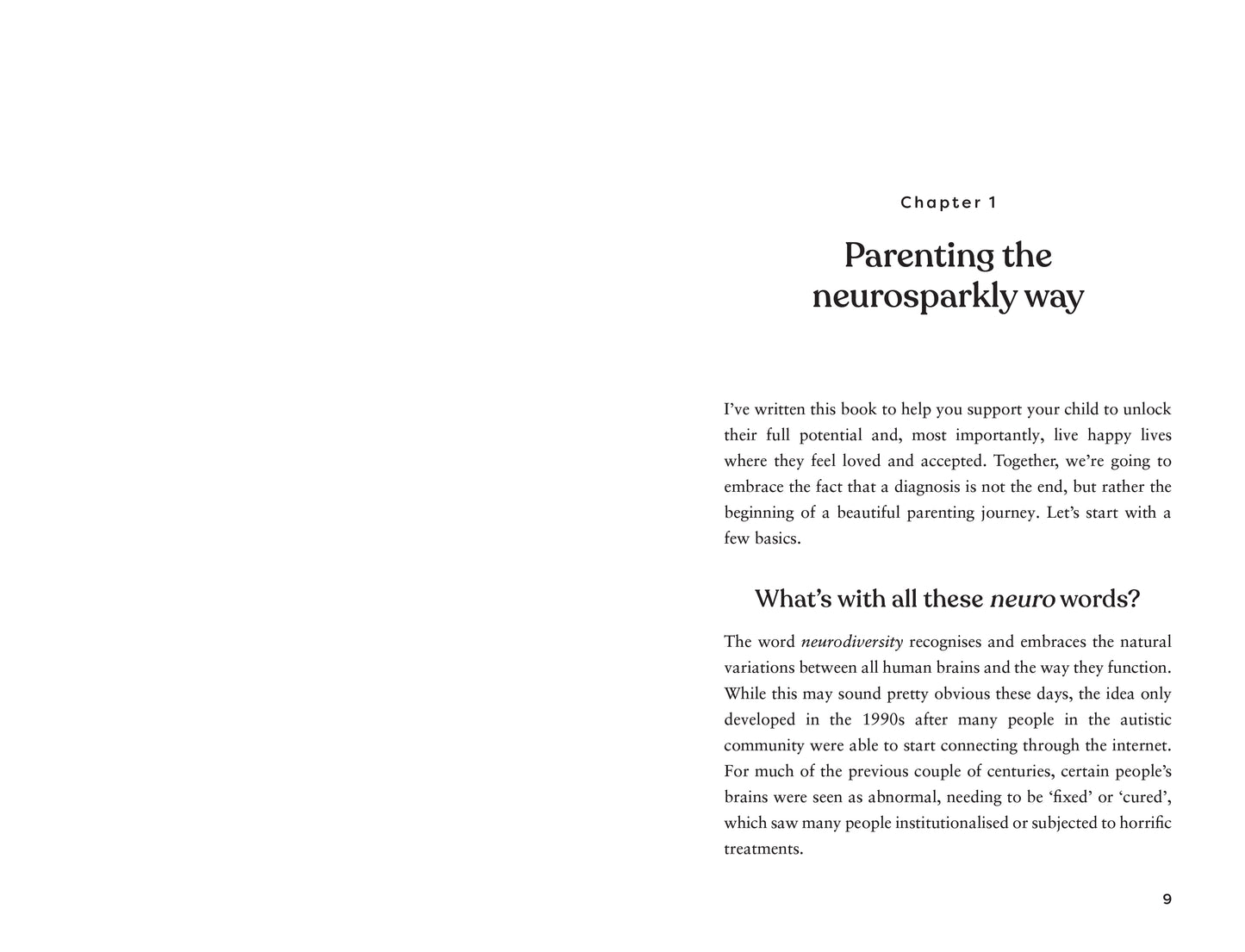 Book page with text about parenting neurodiverse children, chapter title 'Parenting the neurosparkly way'.