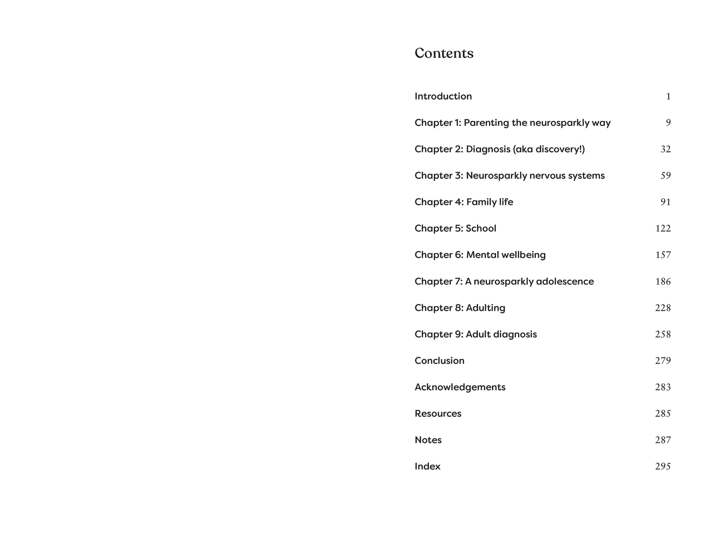 Table of contents for parenting different on neurodiversity, with chapter titles and page numbers.