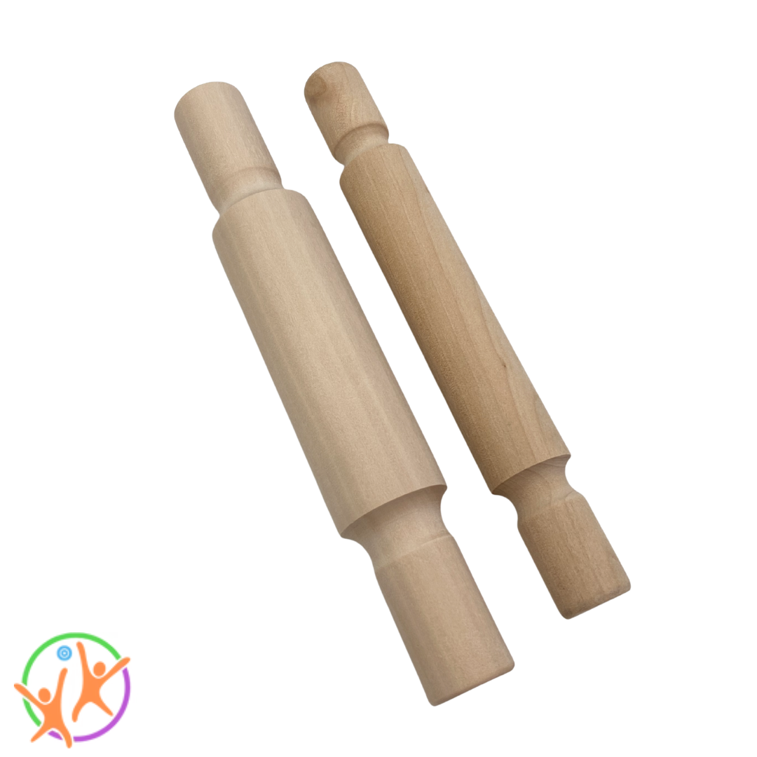 One large and one small rolling pins next to each other showing the size difference
