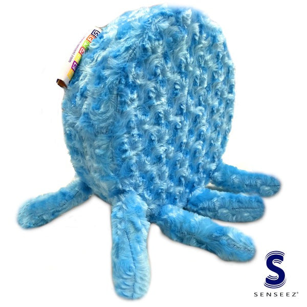 Blue textured plush jellyfish vibration pillow with a colourful tag on a white background, featuring the Senseez brand.