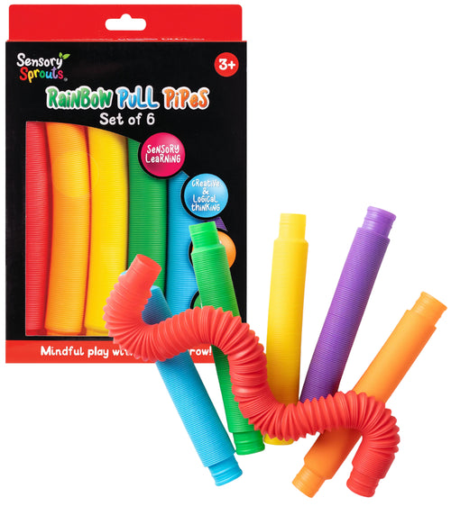 Set of colorful pull pipes with packaging labeled 'Sensory Sprouts Rainbow Pull Pipes Set of 6'.
