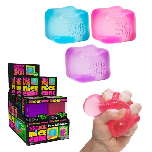 Colorful 'Nice Cube' stress relievers with packaging and a hand holding a pink cube.