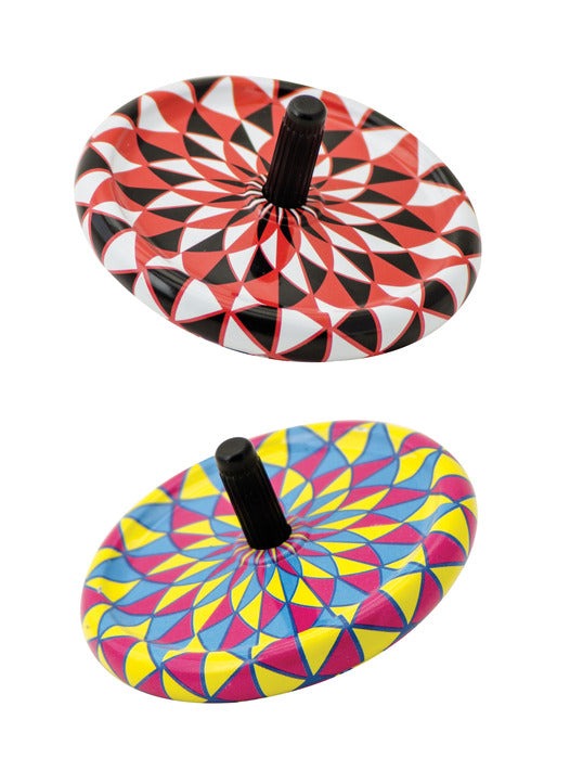 Two colourful geometric-patterned tiny tin spinning tops by Schylling on a white background
