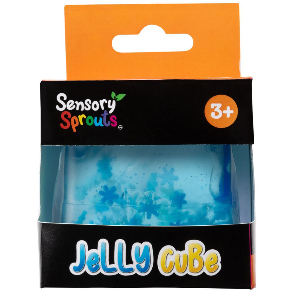 Packaging of Sensory Sprouts Jelly Cube toy with a  blue jelly cube inside with snowflakes