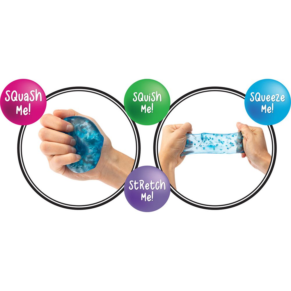 Hands interacting with a blue stress ball , surrounded by text prompts for 'Squash Me!', 'Squeeze Me!', and 'Stretch Me!'.