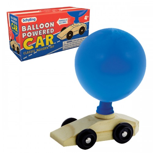 Wooden balloon-powered car with blue balloon and Schylling packaging in the background