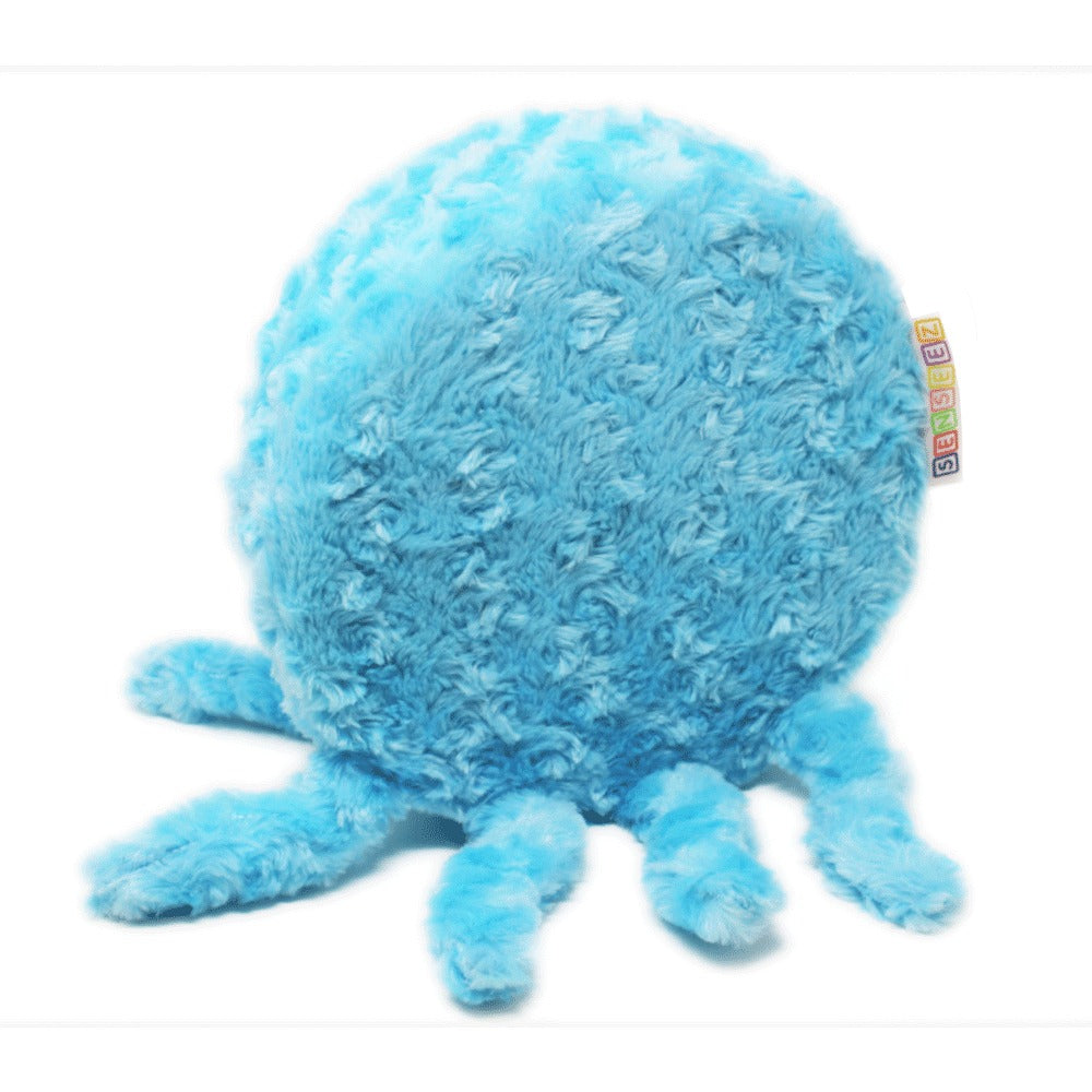 Blue plush vibrating cushion round body and tentacle-like legs 