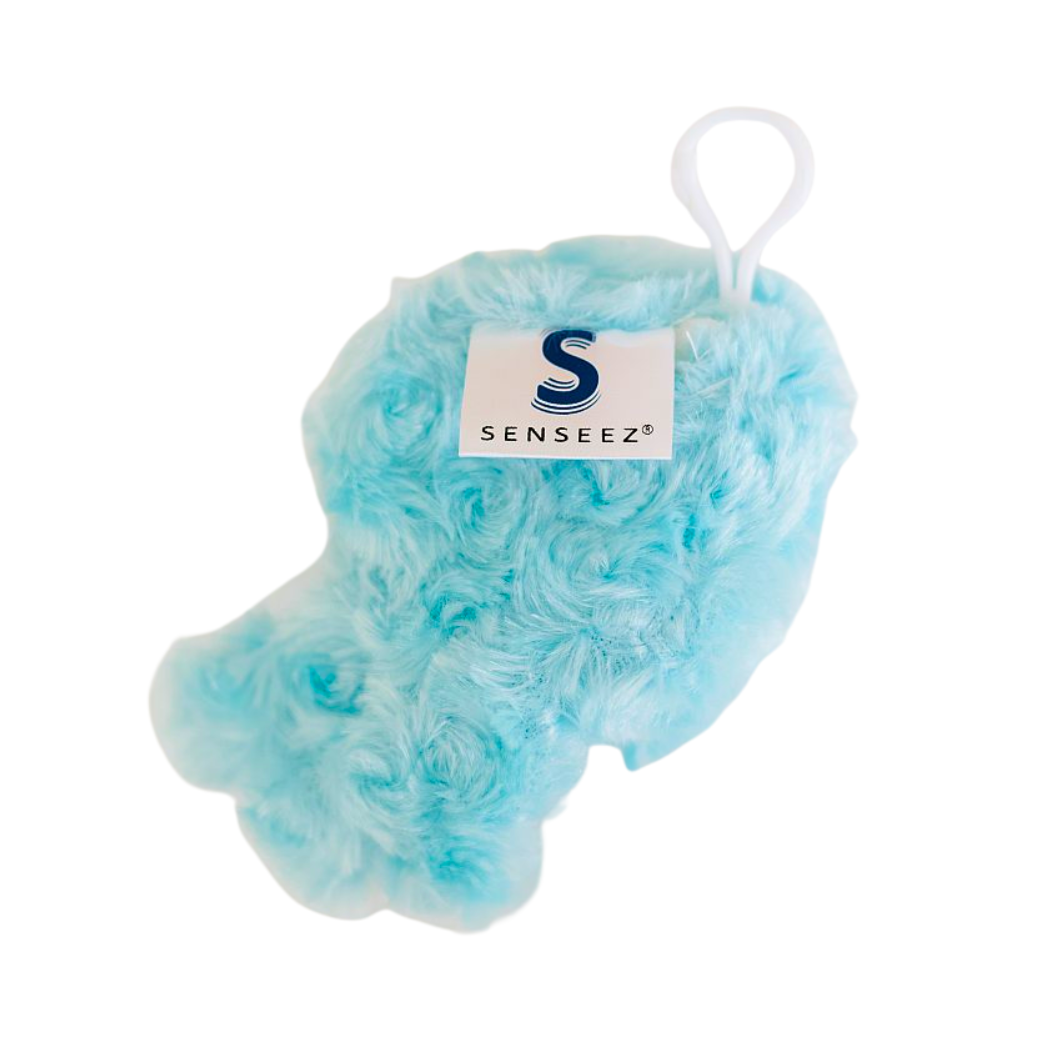 Blue fuzzy textured Senseez vibrating handheld sensory toy. This pocket-sized, battery-free fidget uses a white drawcord to activate zany vibrations for focus and tactile play.