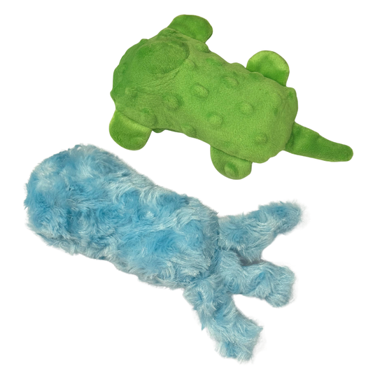 Two Senseez Soothables vibrating sensory massagers: a green plush turtle with a bumpy tactile texture and a bright blue shaggy plush jellyfish with soft tentacles.