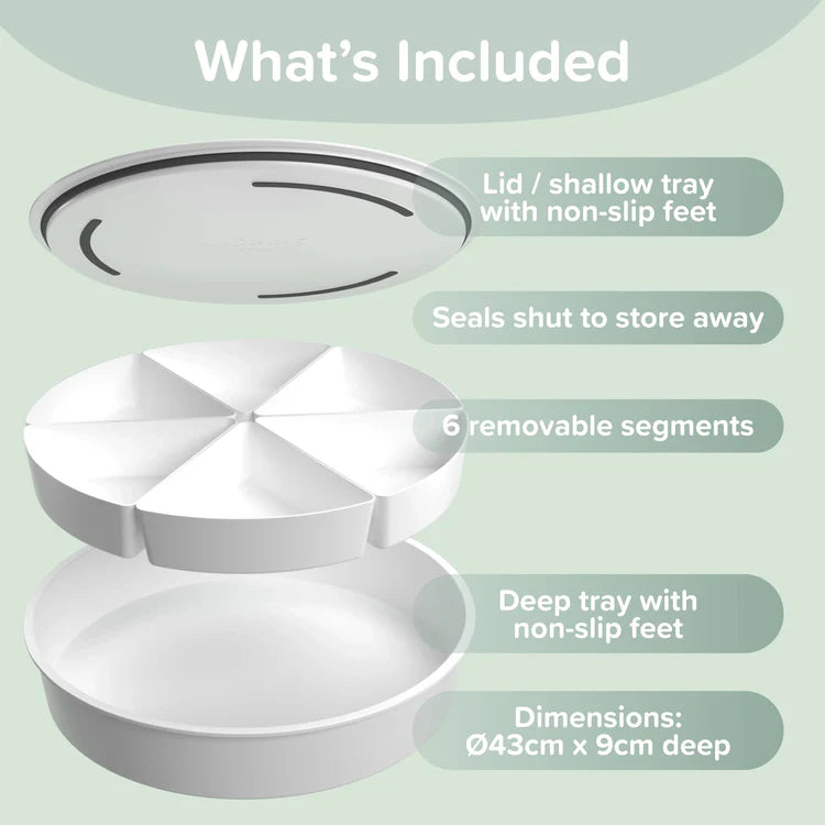 Image showing the three main parts of the Sensory Play Tray, the lid, removable segments and the tray.