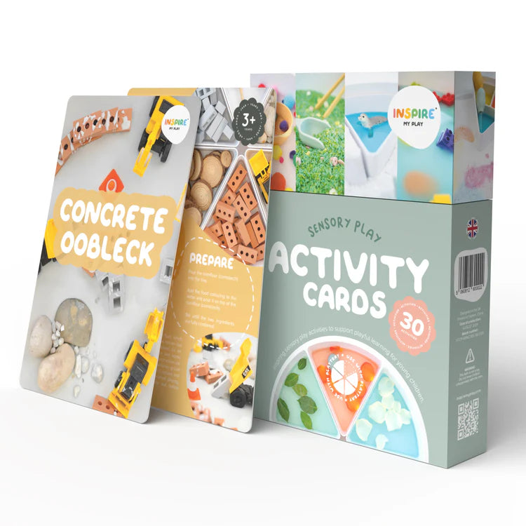 Sensory Play Activity Card box with an example of the front and back of one activity card