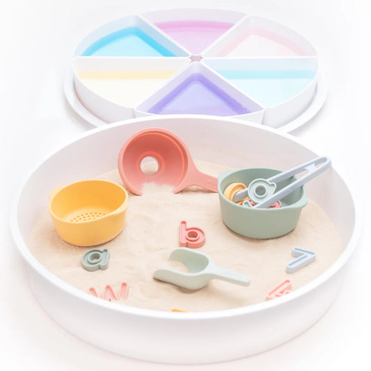 Sensory Play Tray filled with sand, silicone letters, scoops, tweezers and bowls