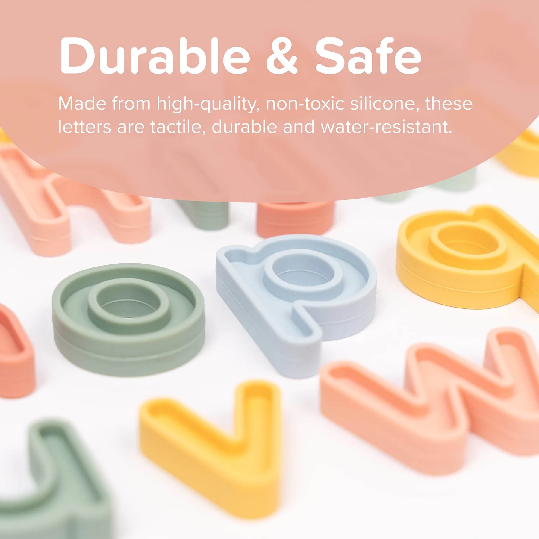 Colorful silicone letters on a white background with text about durability and safety.