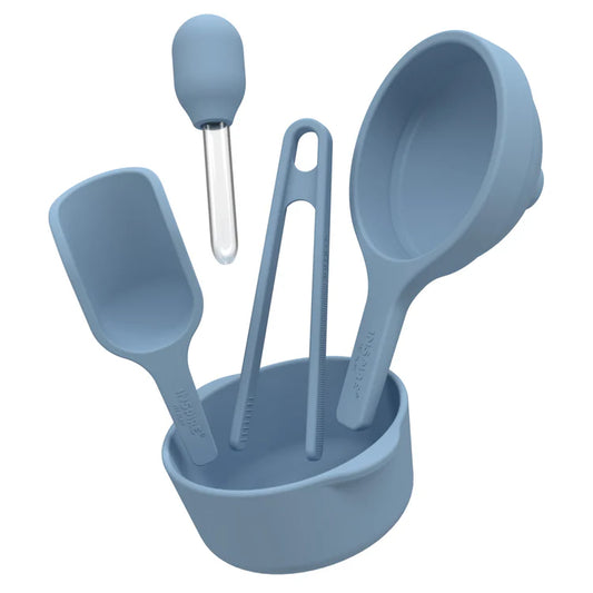 Sensory Play Starter tool kit in blue includes silicone tools scoop, pipette, tongs, funnel and bowl