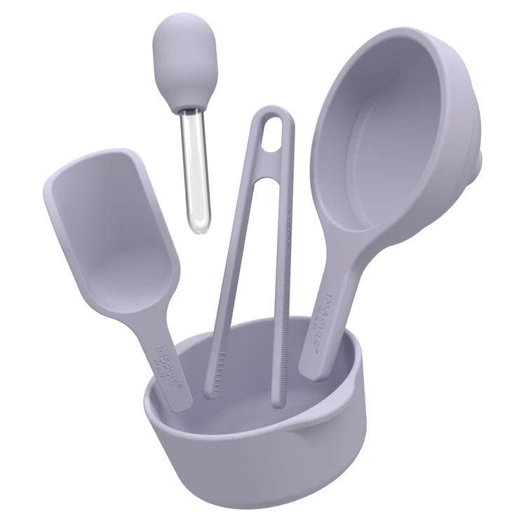 Lavender or purple Sensory Play Starter tool kit scoop, pipette, tongs, funnel and bowl