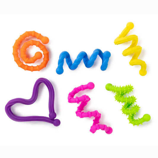 Sensory Sprouts 6 coloured textured bendy sticks formed into different shapes in orange, purple, blue, pink, yellow and lime