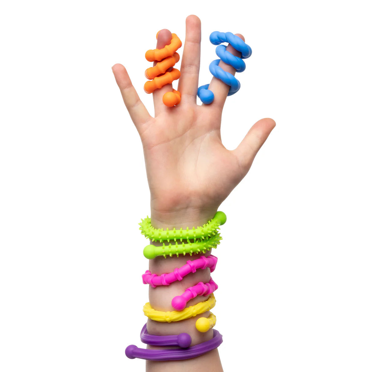 Hand wearing colourful bendy sticks that spiral like bracelets and rings wrapped around the wrist and fingers