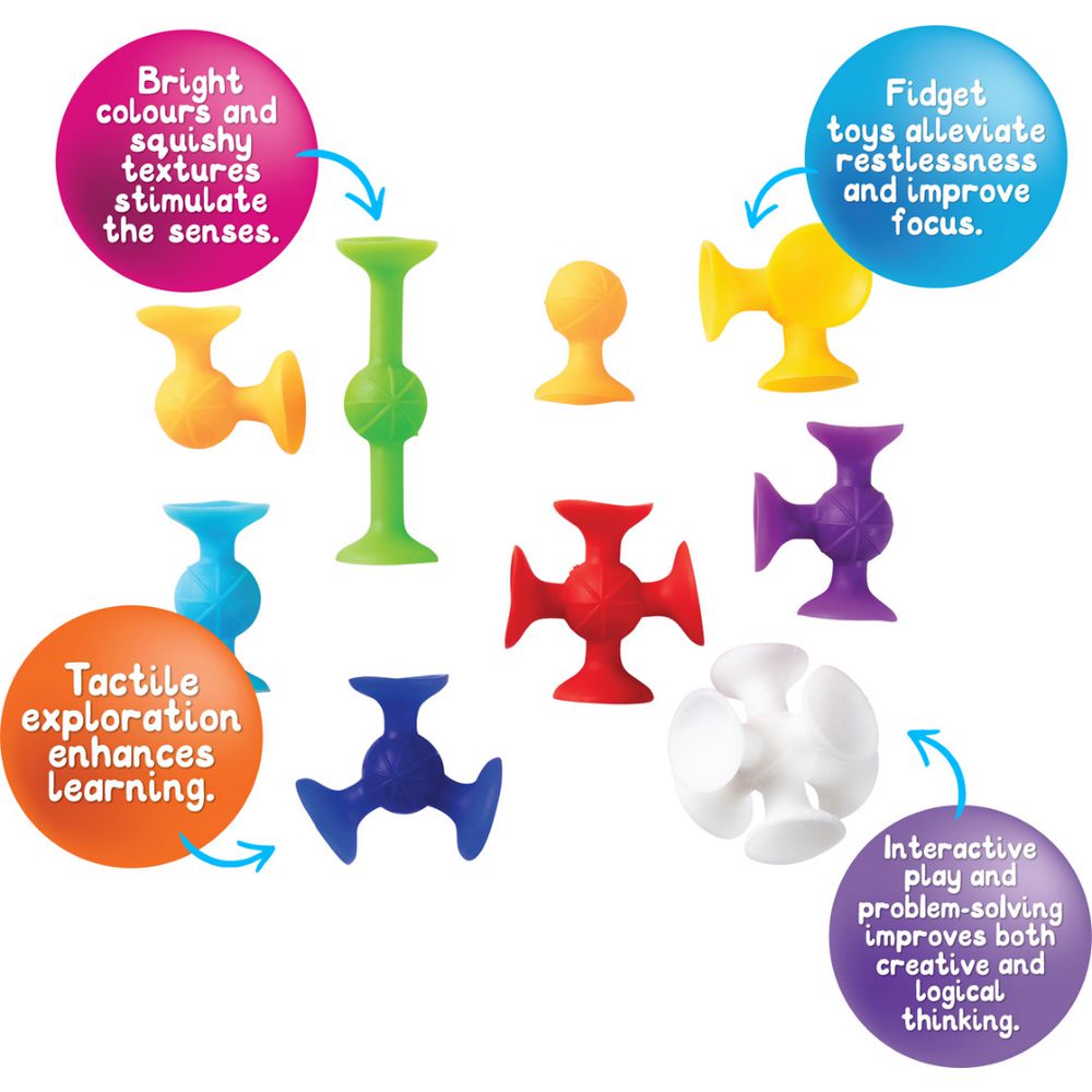Colourful suction shapes fidget toys with text explaining their benefits on a white background
