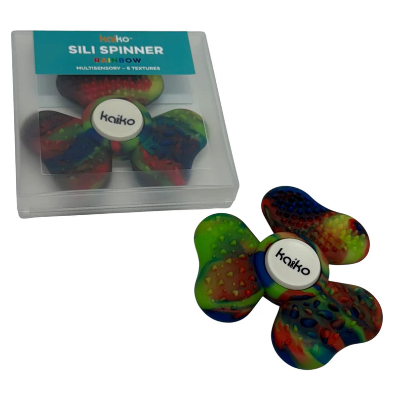  rainbow coloured sili spinner with 'kaiko' branding and one in its clear packaging on a white background