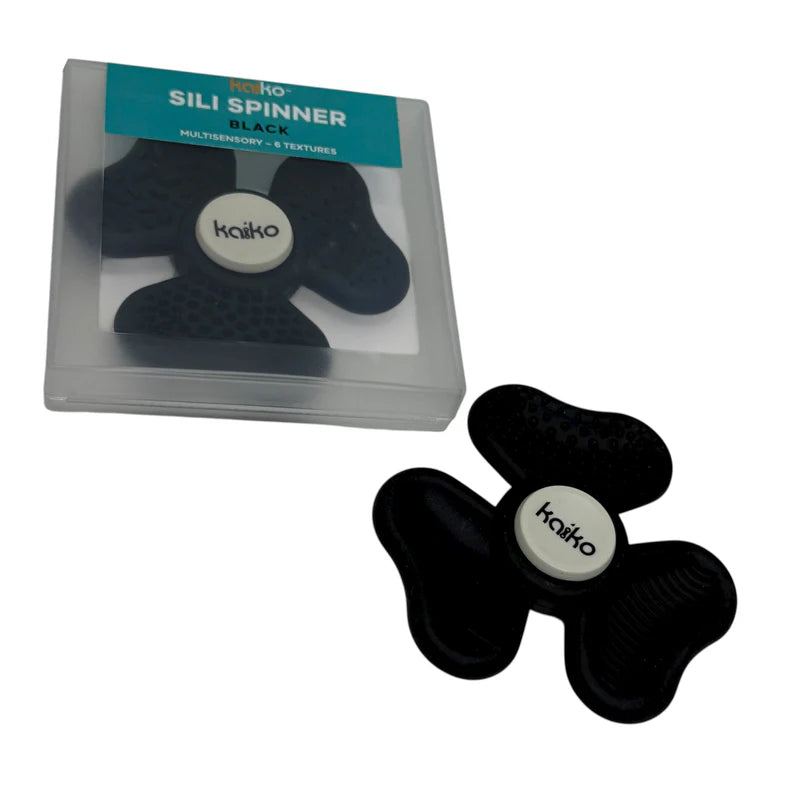 Black sili spinner with 'kaiko' branding and one in its clear packaging on a white background