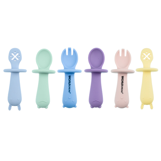 Six Silicone Animal Baby Spoons in blue, green, purple, pink and yellow