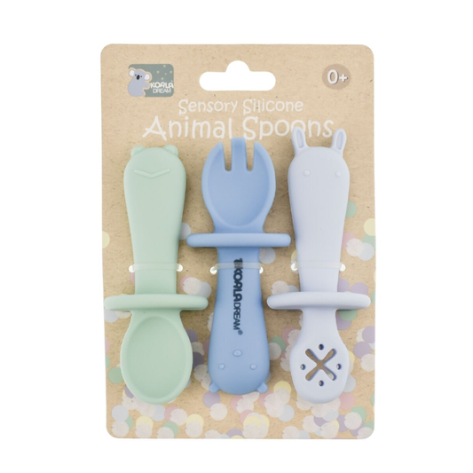 Packaged set of sensory silicone animal spoons with a pastel colour scheme on a white background.