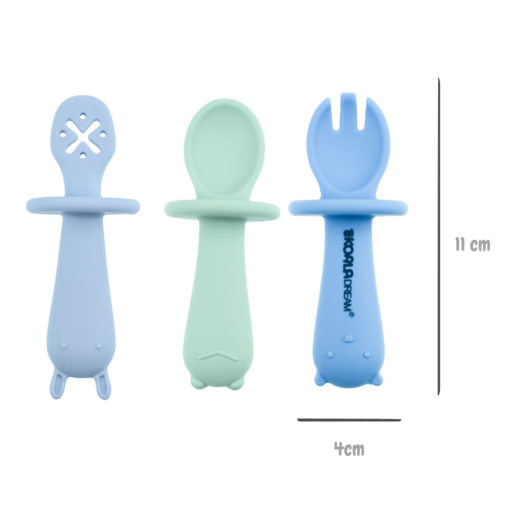 Set of three baby utensils with measurements on a white background