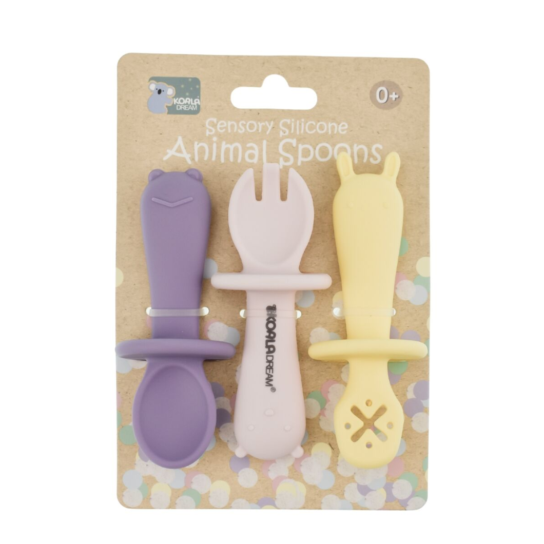 Packaged set of sensory silicone animal spoons on a white background.