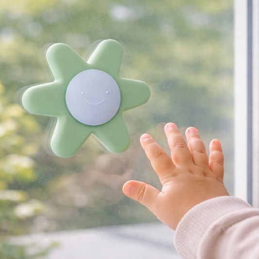 Child's hand reaching towards a green Silicone Daisy Spinner on a window