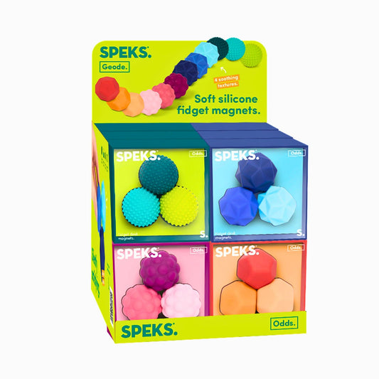 Speks Odds soft silicone fidget magnets in retail display box and packaging on a white background