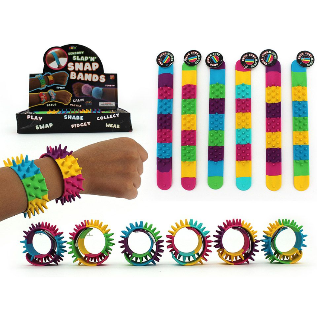 Colourful spikey slap band bangles on a white background