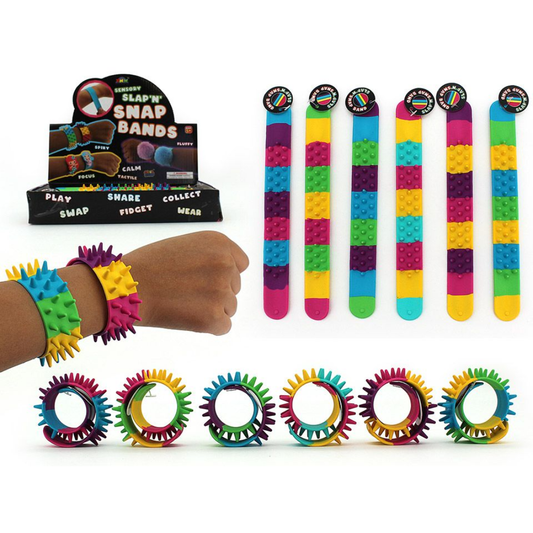 Colourful spikey slap band bangles on a white background