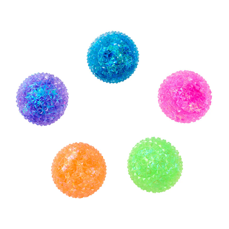 Five different coloured Spiky Orb Squishy balls on a white background