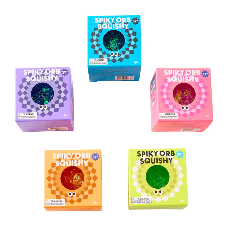 Five boxes of Spiky Orb Squishy toys in different colors on a white background
