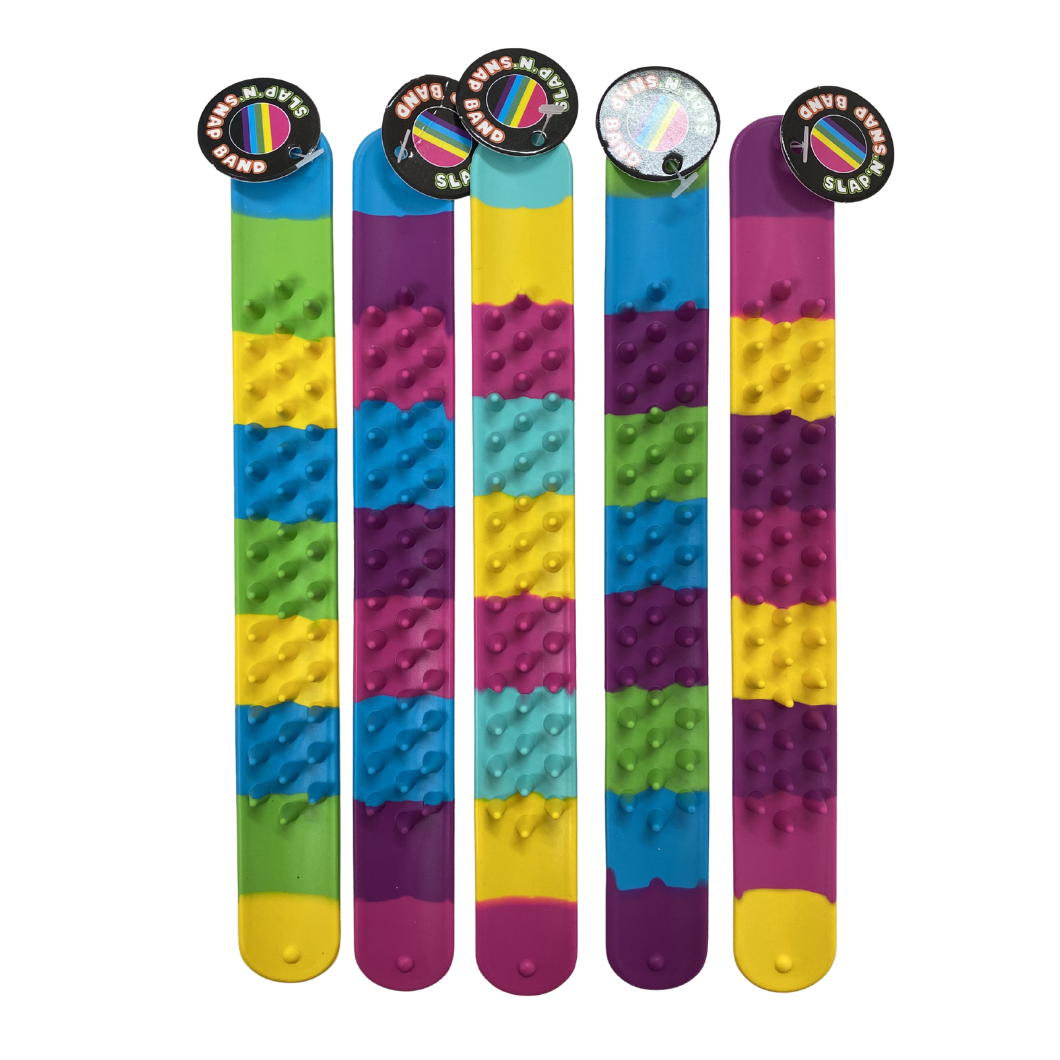Colourful slap bands with textured surface and brand logo on a white background