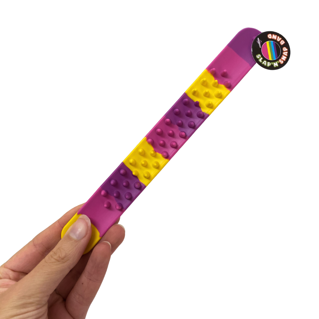 Colourful slap bracelet with a brand logo on a white background