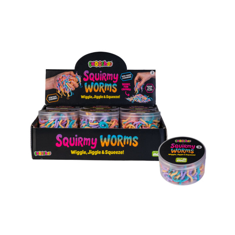 Display of Squirmy Worms toys with packaging on a white background