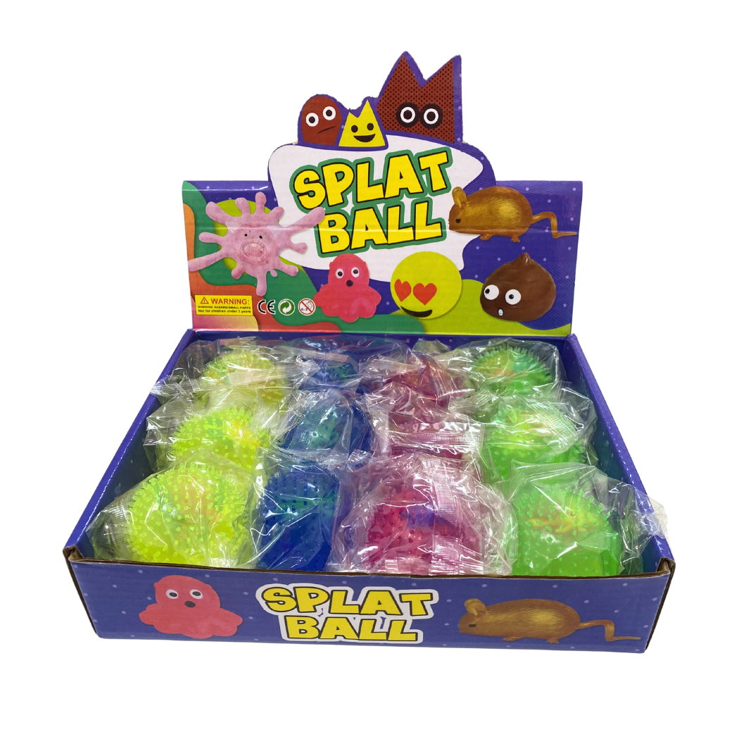 Display box of Splat Ball toys with colourful packaging on a white background