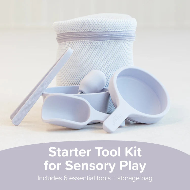 Starter tool kit for sensory play includes silicone tools scoop, pipette, tongs, funnel and bowl and a bag