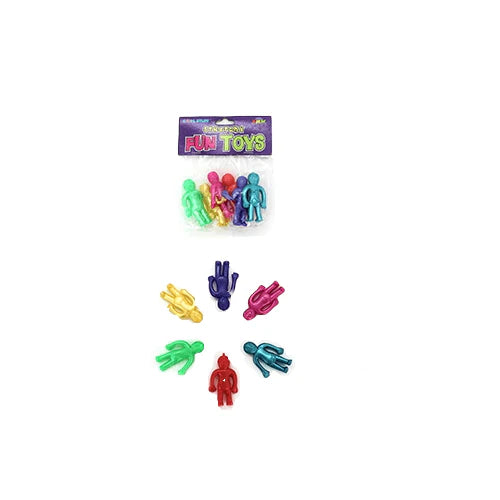 Colourful stretchy aliens with packaging labeled 'Fun Toys' on a white background