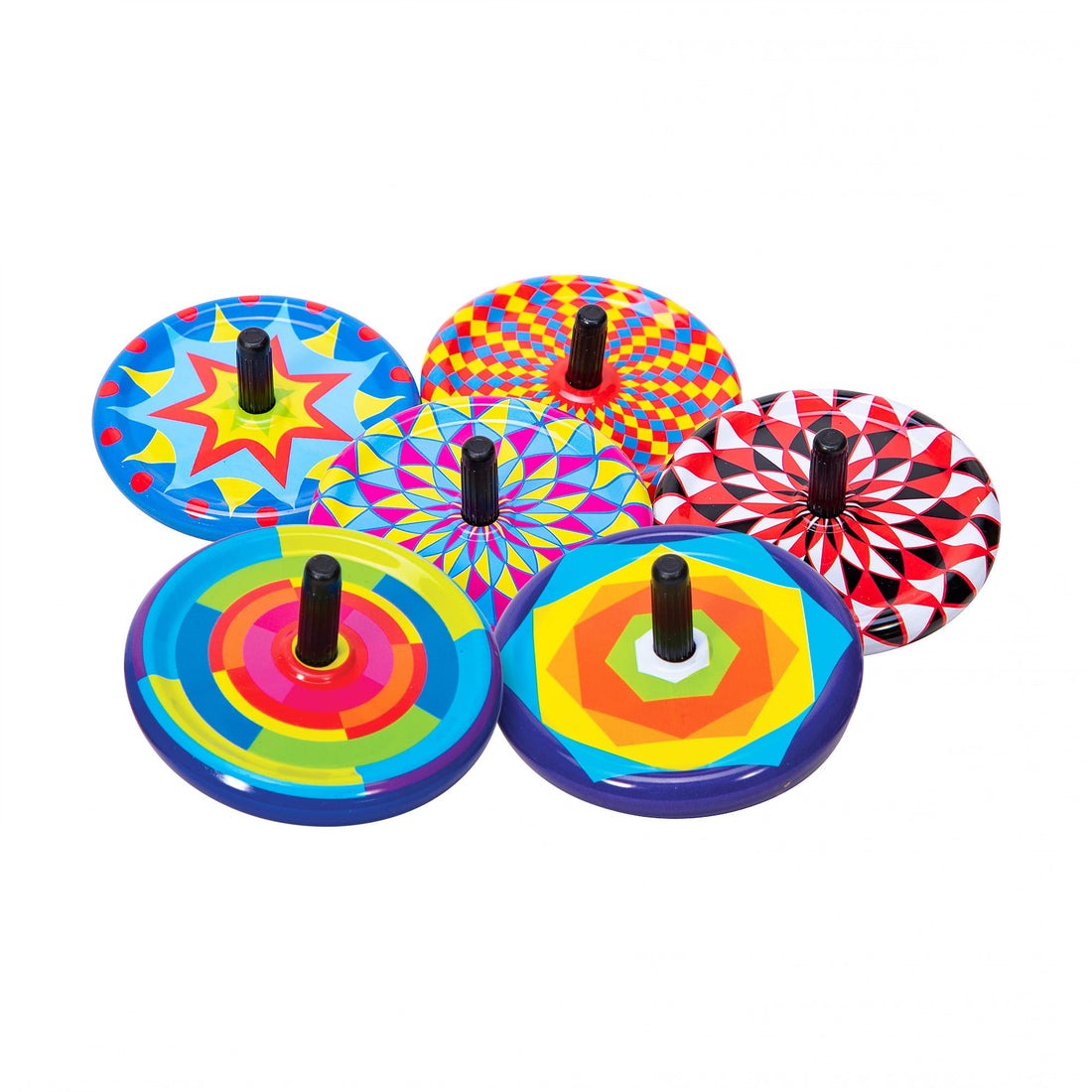 Five colourful schylling tiny tin spinning tops on a white background